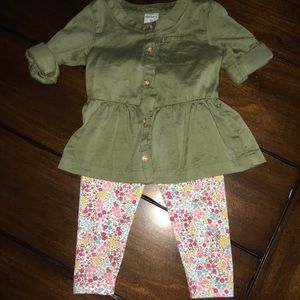 Army green baby girl top with floral leggings